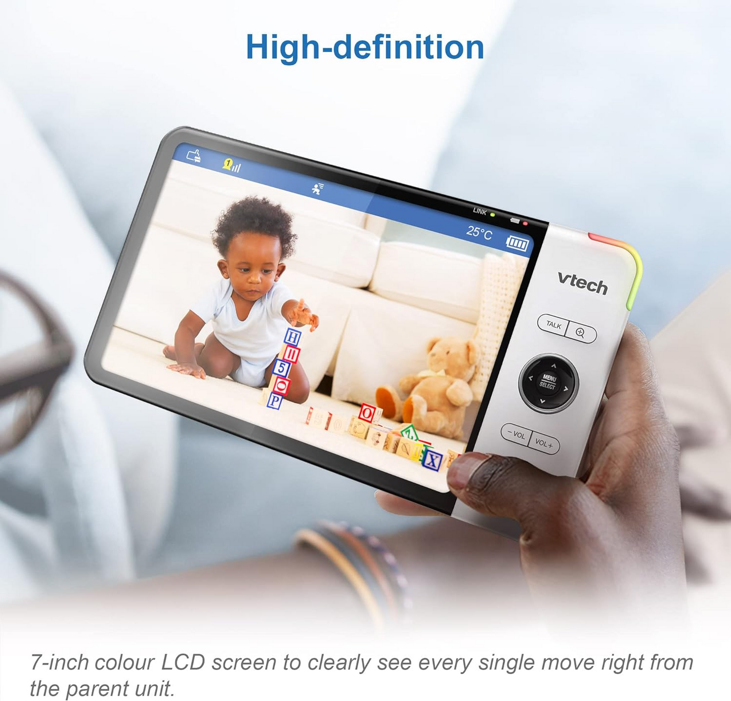 VTech Monitor de vídeo para bebês VM919HD, tela HD de 7 "720p, panorâmica e inclinação de 360 °, visão grande angular de 110 °, visão noturna HD, até 1.000 pés, branco, bateria para streaming de vídeo de até 7 horas