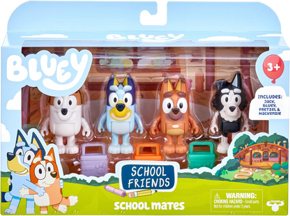 Bluey Pack de 4 compañeros de colegio; Figuras de acción coleccionables oficiales de Bluey de 2,5 a 3 pulgadas que incluyen a Jack, Pretzel y Mackenzie con sus propios accesorios para lonchera.