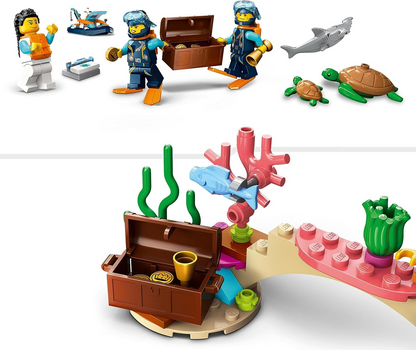 LEGO 60377 Brinquedo de Barco de Mergulho City Explorer com Mini-Submarino, Tubarão, Caranguejo, Tartaruga Arraia e Figuras de Animais Marinhos, Conjunto de Mergulho Subaquático, para Crianças de 5+