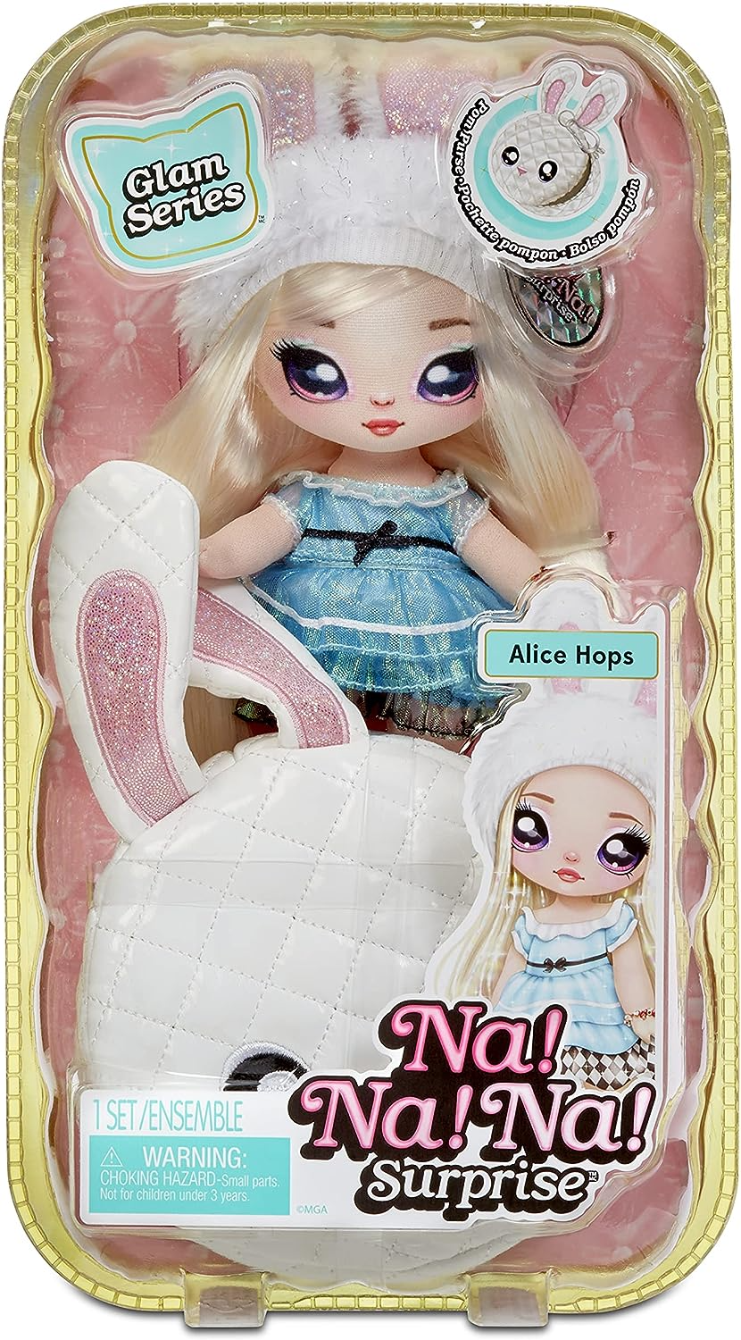 Na! Na! Na! Surprise Boneca fashion 2 em 1 e bolsa metálica série Glam - colecionável - boneca loira em vestido azul cintilante e orelhas de coelho com bolsa branca de coelho - Alice Hops