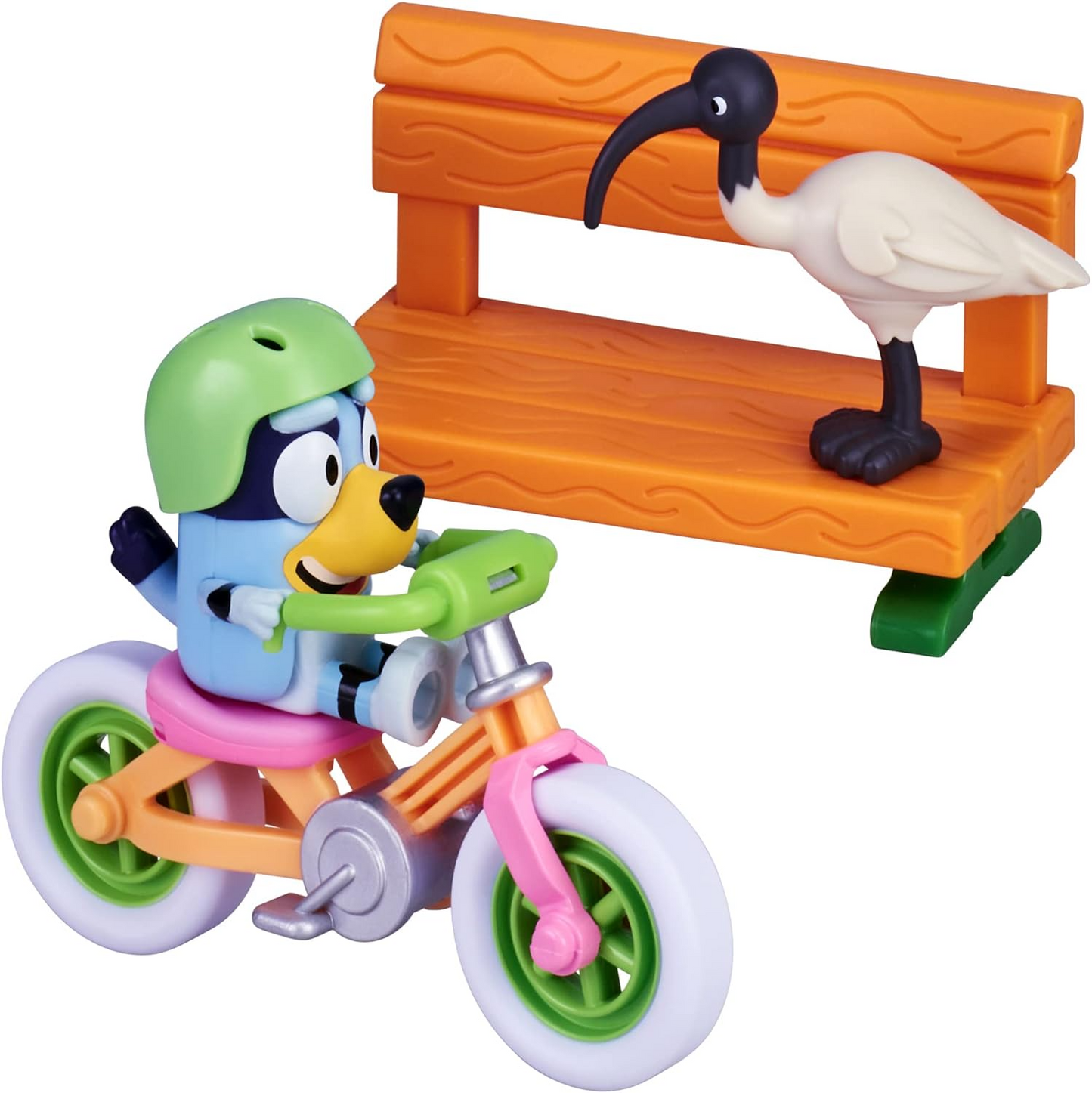 Bluey Playset de bicicleta; Figura de ação colecionável oficial do Bluey de 2,5 a 3 polegadas, incluindo bicicleta, capacete, banco e acessórios de frango do Bluey