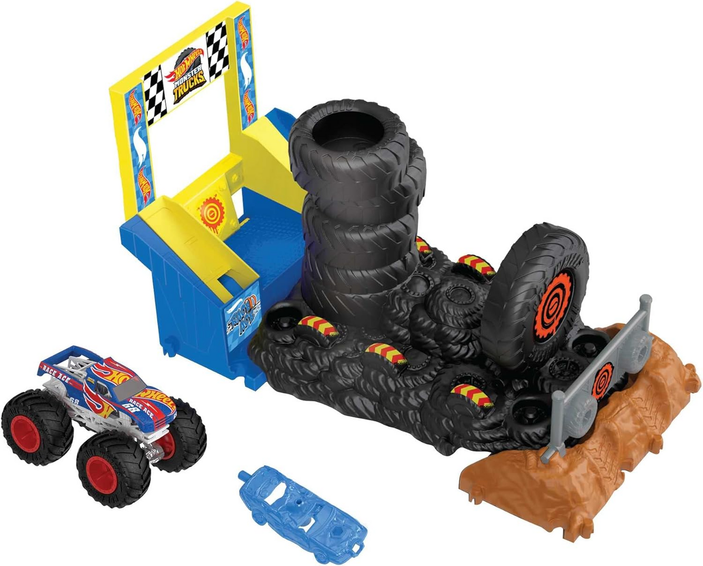 Hot Wheels Monster Trucks Arena Smashers Race Ace Smash Race Challenge Playset com caminhão de brinquedo Race Ace em escala 1:64 e 1 carro esmagável, HNB89