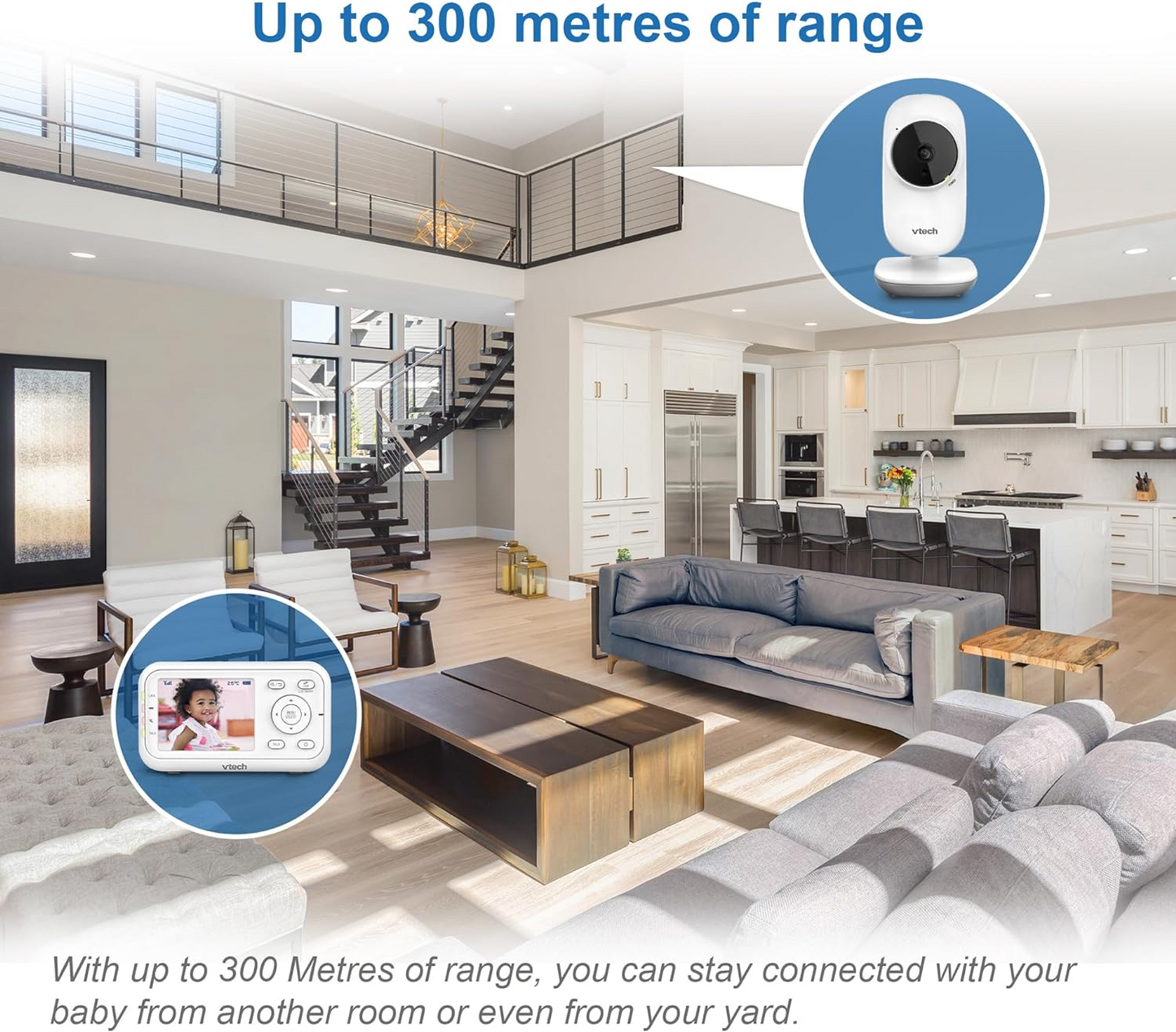 VTech Monitor de vídeo VM3250 com suporte de bateria Streaming de vídeo de 19 horas, tela LCD de 2,8 ", visão noturna infravermelha, alcance de até 300 m, transmissão segura, sensor de temperatura, sons suaves, zoom 2X
