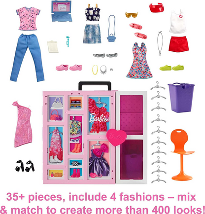 Barbie  Closet playset com mais de 35 acessórios, 5 looks completos, pop-up de 2º nível, espelho de corpo inteiro, rampa de lavanderia, closet dos sonhos, HBV28