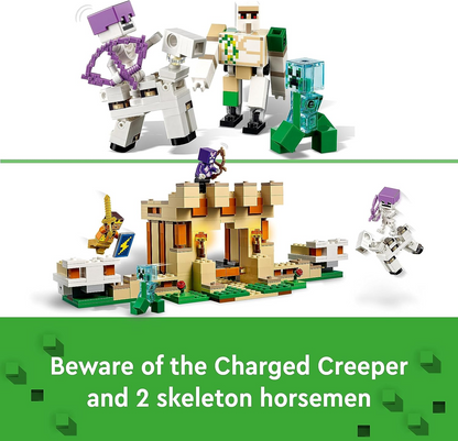 LEGO  21250 Minecraft A Fortaleza do Golem de Ferro, brinquedo de castelo montável que se transforma em uma figura grande, com 7 personagens incluídos. Crystal Knight, Skeleton Horsemen e um Charged Creeper