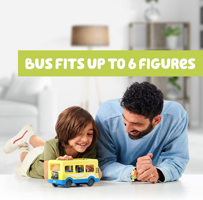Bluey Conjunto de brinquedos para veículos Town Bus e pacote de figuras oficiais, com duas figuras de ação colecionáveis Bluey e Bingo de 2,5-3" e passe de ônibus