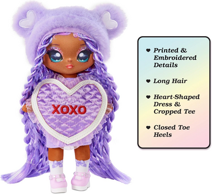 Na! Na! Na! Surprise 581314C3 Sweetest Heart Series Eva Evermore Boneca de pelúcia macia com cabelo roxo, vestido em formato de coração e escova para colecionar, ótimo presente para crianças a partir de 5 anos