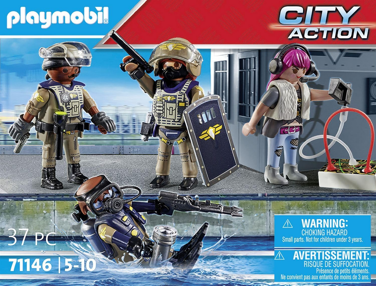 Playmobil  71146 Equipe de Polícia Tática de Ação da Cidade, incluindo mergulhadores da SWAT, uma força-tarefa e um vilão, encenação divertida e imaginativa, conjunto de brinquedos adequado para crianças de 5 anos ou mais