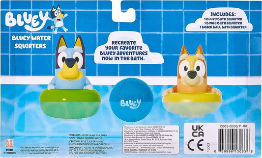 Bluey Official Paquete de 3 juguetes de baño con Bluey, Bingo y pelota