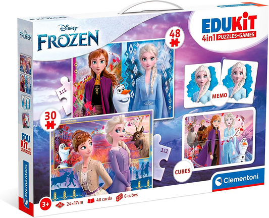 Clementoni - 18292 - Edukit 4 em 1 Disney Frozen (quebra-cabeça de 30 e 48 peças, memorando e seis cubos), quebra-cabeça infantil, jogos de memorando, jogos de cartas para crianças de 4 anos, fabricado na Itália