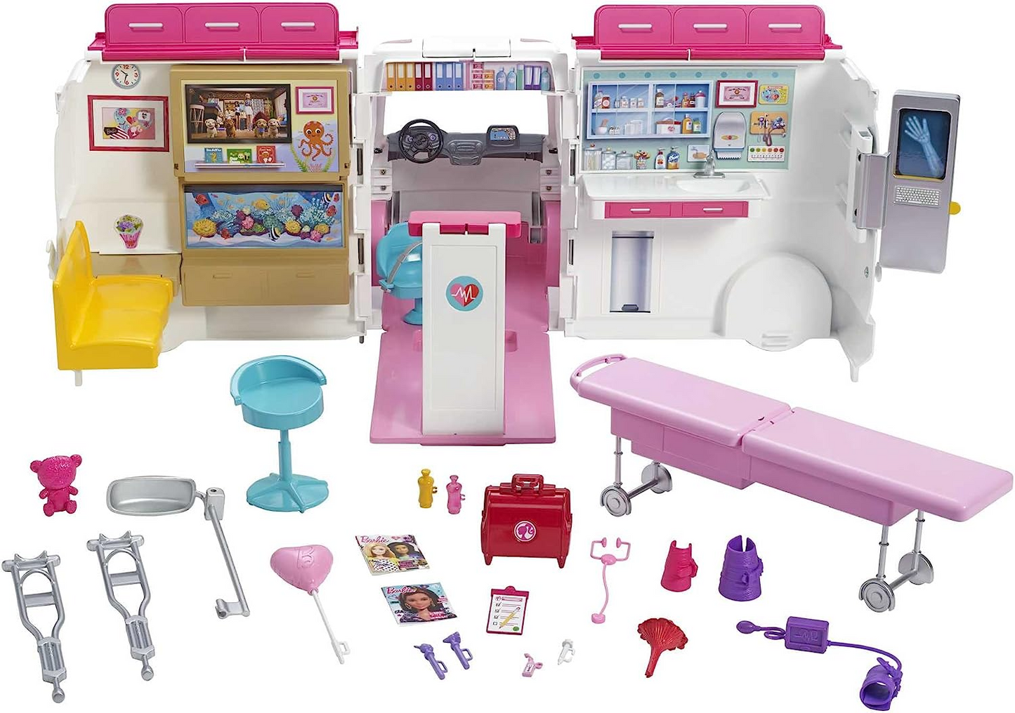 Barbie Brinquedos, Ambulância Transformadora e Playset de Clínica com Luzes, Sons e mais de 20 Acessórios, Clínica de Cuidados, HKT79