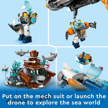 LEGO 60379 City Submarino Explorador de las Profundidades, Juguete Subacuático del Océano con Dron, Figuras de Tiburones, Minifiguras de Naufragio y Buzo, Regalo de Cumpleaños para Niños, Niños y Niñas a Partir de 7 Años