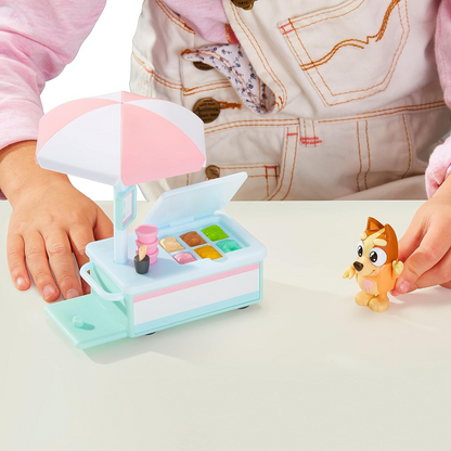 Bluey Playset de veículo de sorvete do Bingo com boneco de ação de personagem colecionável oficial de 2,5-3 polegadas com seu carrinho de sorvete