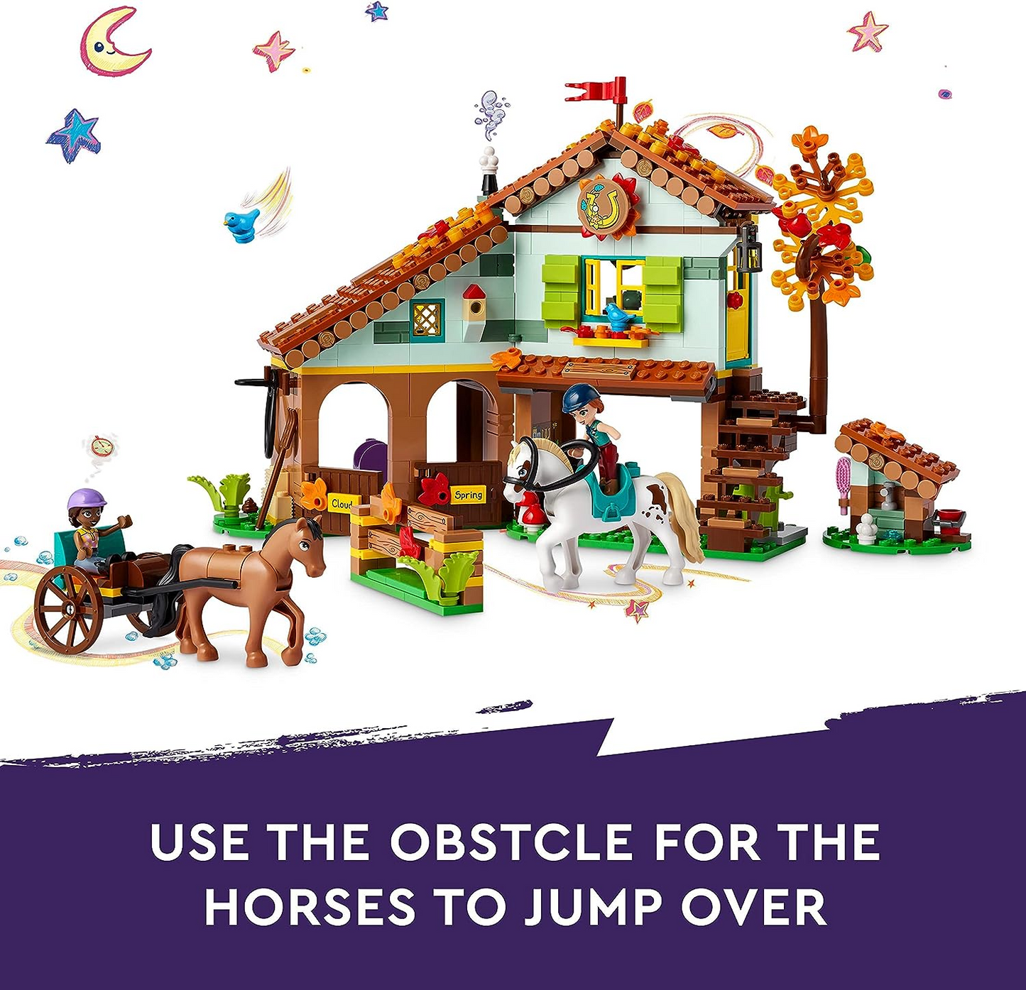 LEGO 41745 Conjunto de estábulo de cavalos de outono Friends com 2 cavalos de brinquedo, acessórios de carruagem e equitação, presente de animal de fazenda para meninas, meninos e crianças com mais de 7 anos de idade