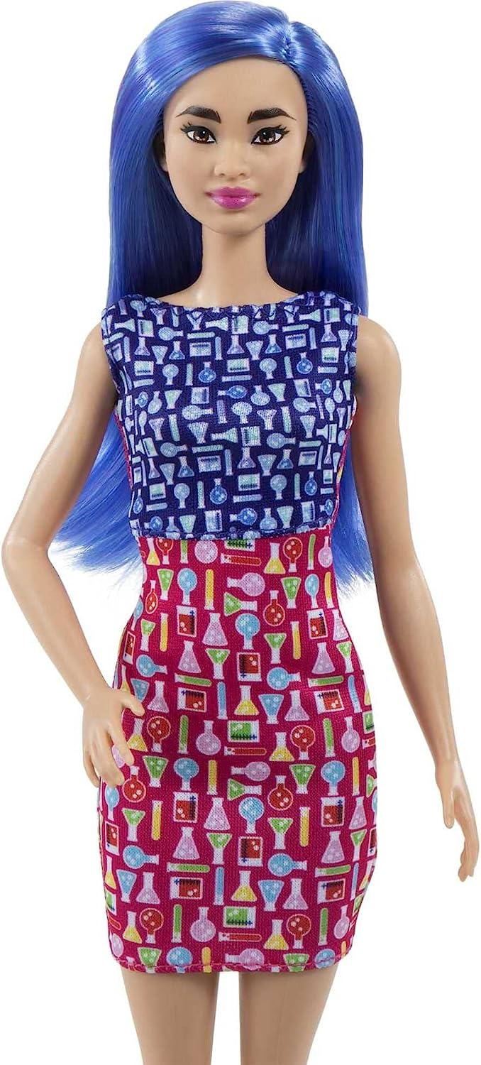 Barbie Boneca cientista (12 polegadas), cabelo azul, vestido colorido, jaleco e sapatilhas, acessório para microscópio, ótimo presente para maiores de 3 anos