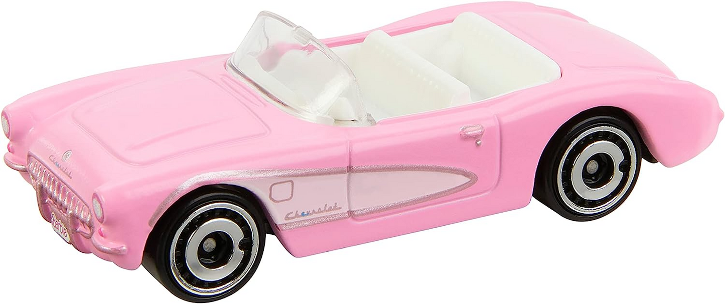 Hot Wheels Barbie Die-Cast Pink Corvette em escala 1:64, carro de brinquedo modelado no Corvette em Barbie O Filme com embalagem temática de filme, HPR54