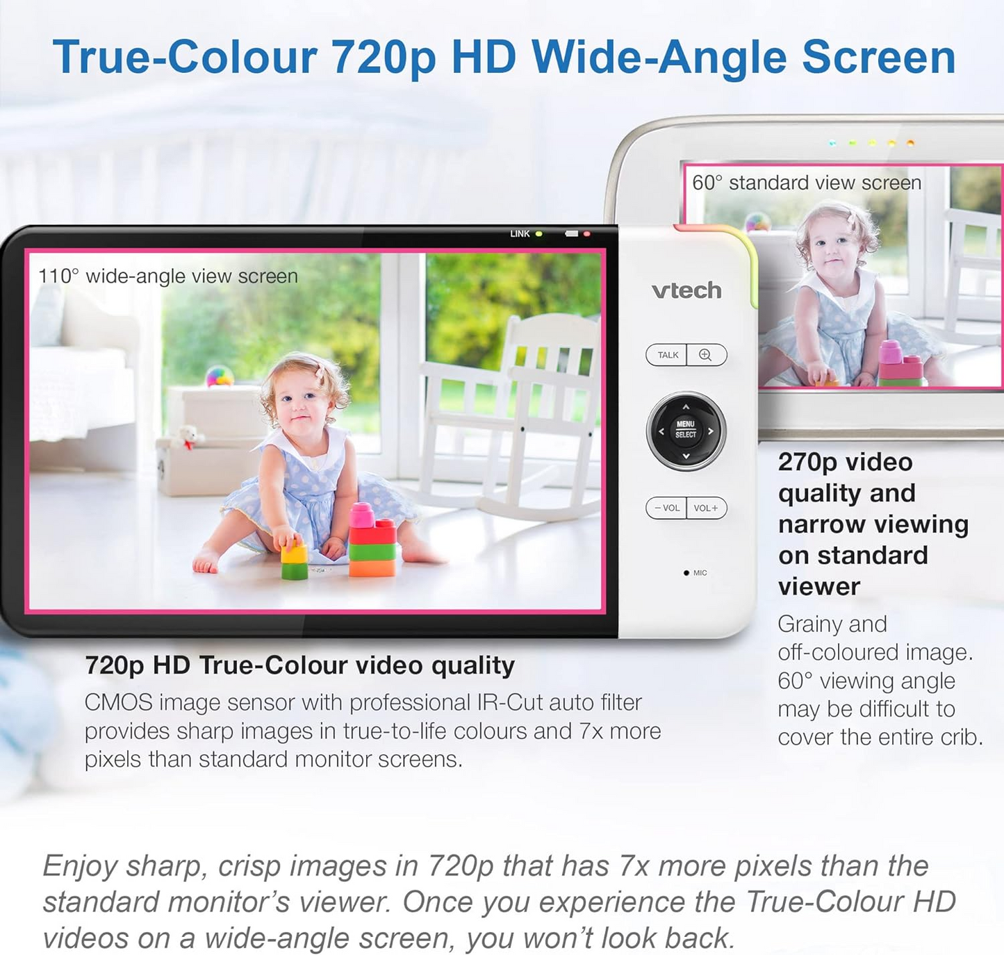 VTech Monitor de vídeo para bebês VM919HD, tela HD de 7 "720p, panorâmica e inclinação de 360 °, visão grande angular de 110 °, visão noturna HD, até 1.000 pés, branco, bateria para streaming de vídeo de até 7 horas