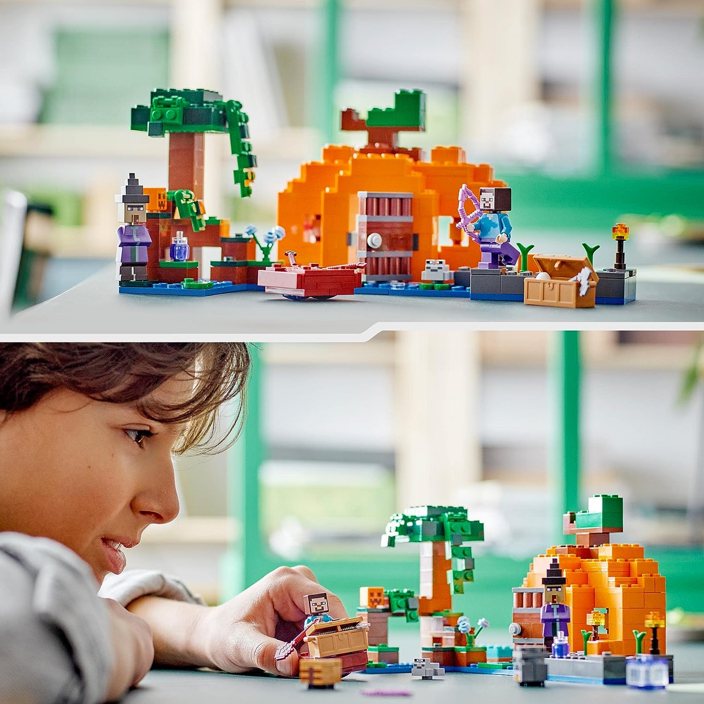 LEGO 21248 Minecraft The Pumpkin Farm Set, casa de brinquedo montável com sapo, barco, baú do tesouro e figuras de Steve e bruxa, brinquedos de ação do bioma do pântano, presente para crianças, meninos, meninas