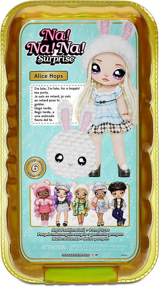 Na! Na! Na! Surprise Boneca fashion 2 em 1 e bolsa metálica série Glam - colecionável - boneca loira em vestido azul cintilante e orelhas de coelho com bolsa branca de coelho - Alice Hops