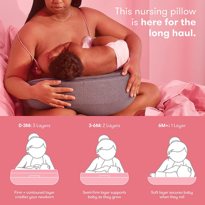 Frida Mom Travesseiro de amamentação ajustável - Travesseiro de amamentação personalizável para mamãe + conforto do bebê com suporte para as costas, alça ajustável ao redor da cintura, bolsos para alívio do calor