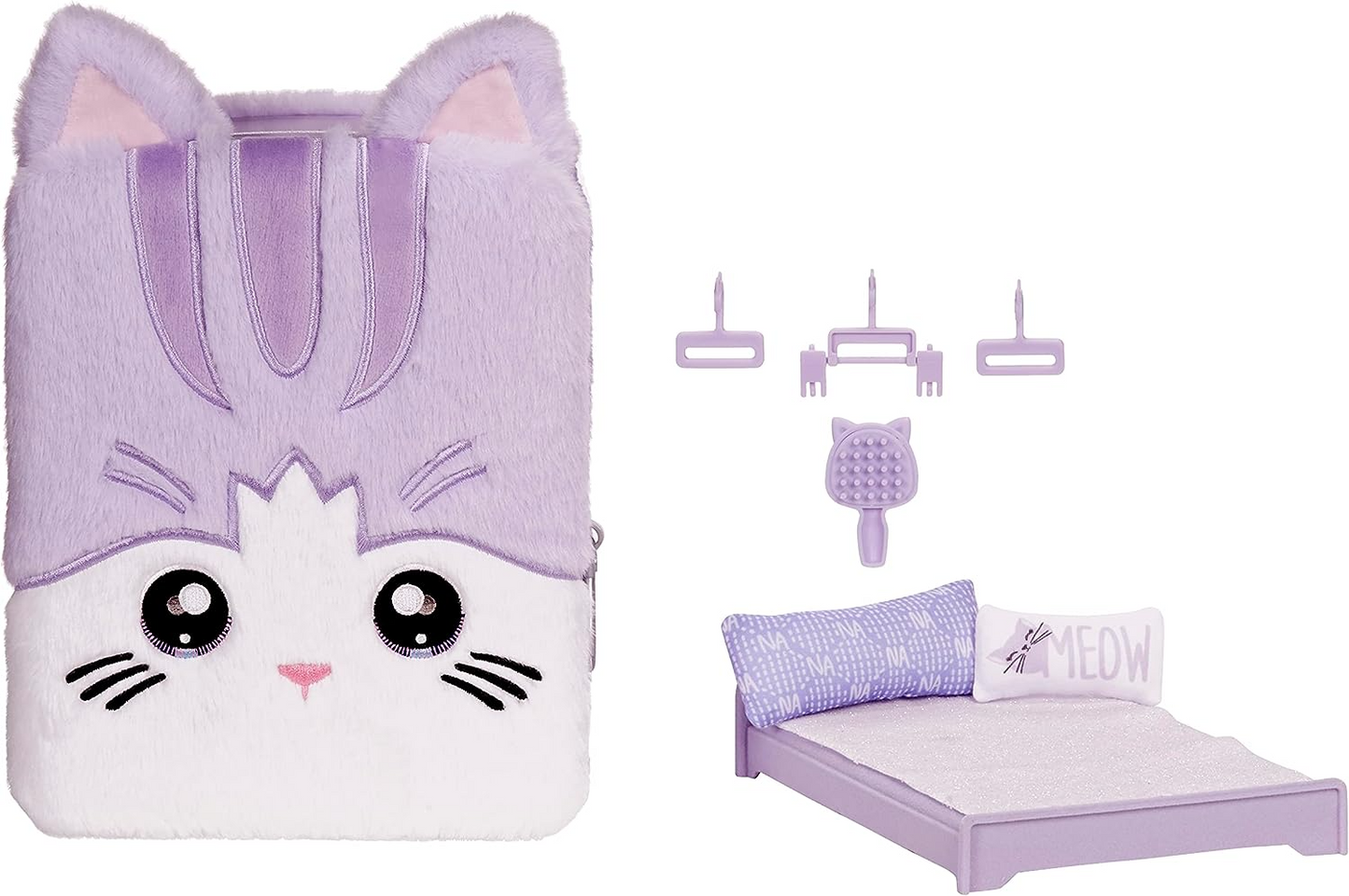 Na! Na! Na! Surprise Conjunto de quarto de mochila 3 em 1 com boneca da moda - MAYA WHISKERFULL - Inclui mochila Fuzzy Lavender Kitty com orelhas de gato e armário com travesseiros e cobertor - para crianças de 5 anos ou mais