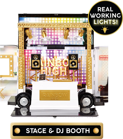 Rainbow High Rainbow Vision World Tour Bus & Stage 4 em 1 Light Up Deluxe Playset - Inclui equipamento de DJ, holofotes de trabalho, penteadeira, acessórios e baterias - para crianças e colecionadores com mais de 6 anos