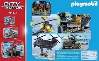 Playmobil 71149 Helicóptero de hélice dupla da polícia tática de ação urbana, helicóptero de resgate SWAT altamente detalhado com módulo de luz e som, encenação divertida e imaginativa, conjunto de brinquedos adequado para crianças de 5 anos ou mais