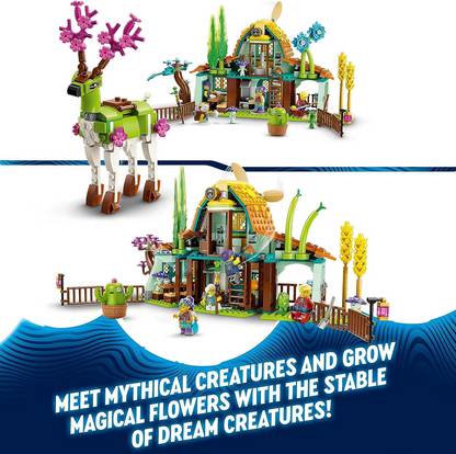 LEGO 71459 DREAMZzz Stable of Dream Creatures Set, brinquedo de fazenda de fantasia com figura de veado que pode ser construído de 2 maneiras, inclui 4 minifiguras de programas de TV, conjunto de animais míticos para crianças, meninas, meninos
