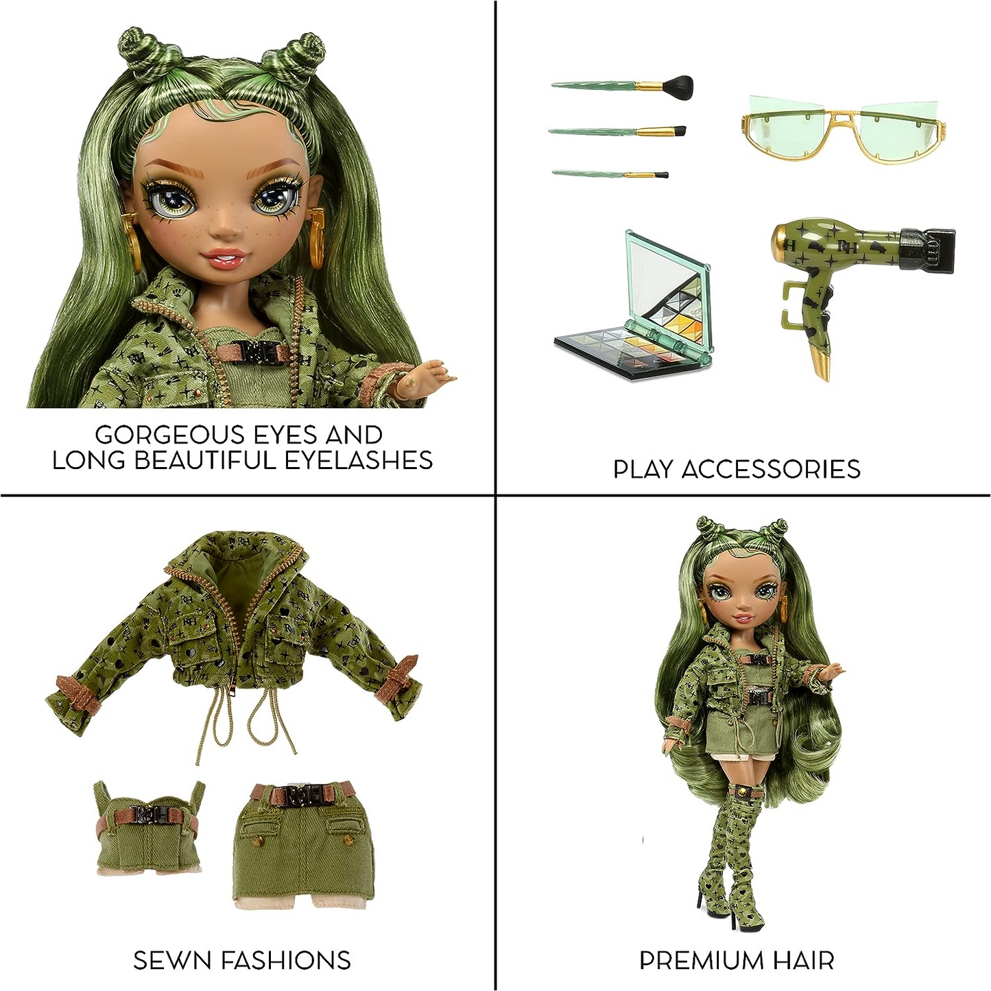 Rainbow High Boneca da moda - OLIVIA WOODS - Boneca verde camuflada - roupa da moda e mais de 10 acessórios coloridos para brincar - para colecionadores e crianças de 4 a 12 anos