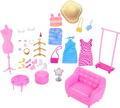 Barbie Boneca e conjunto de moda, roupas Barbie com acessórios de armário como rack e manequim, 32 peças para contar histórias, HPL78