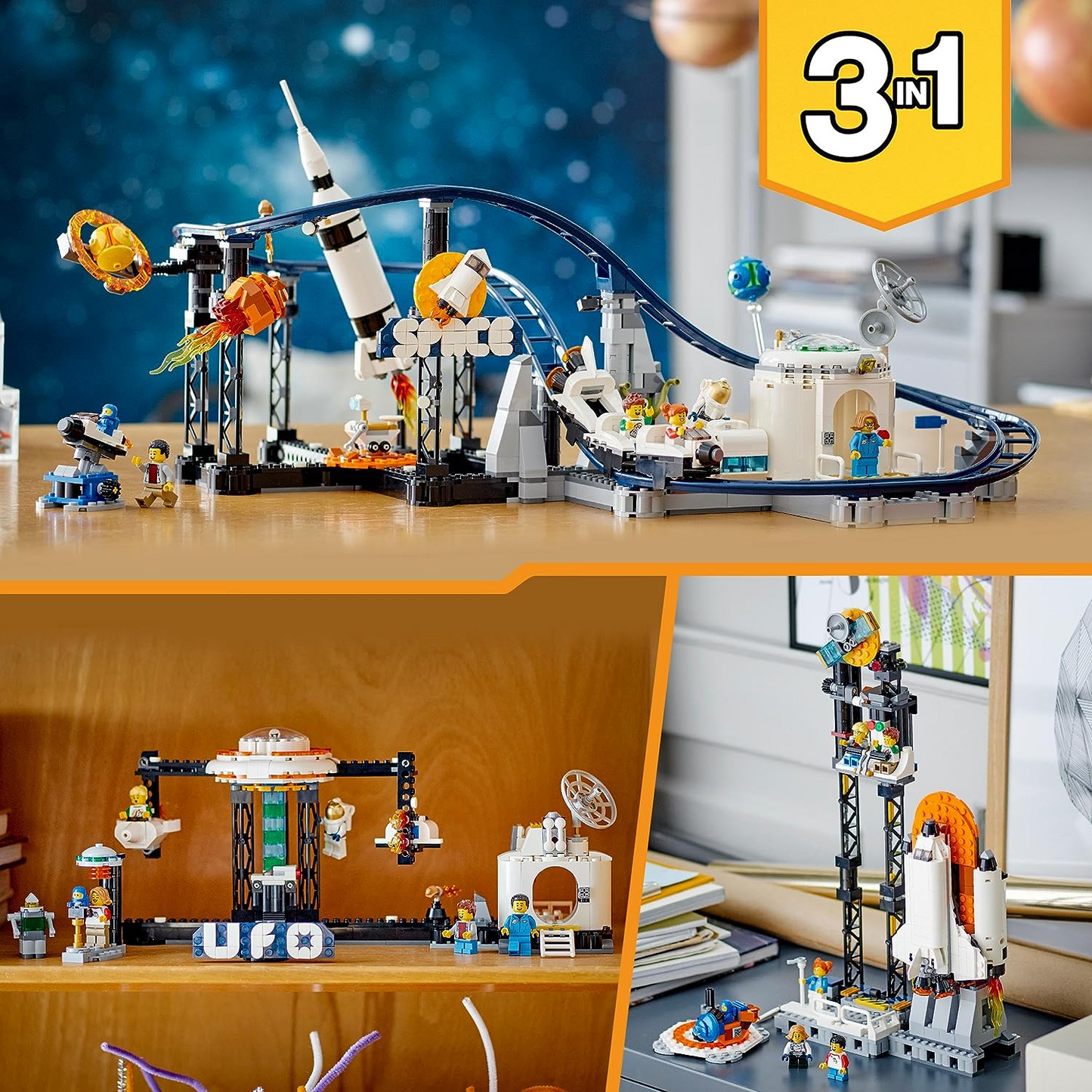 LEGO 31142 Creator 3in1 Space Roller Coaster to Drop Tower ou Merry-Go-Round Set, modelo de parque de diversões, brinquedo de construção com foguete espacial, planetas e tijolos iluminados