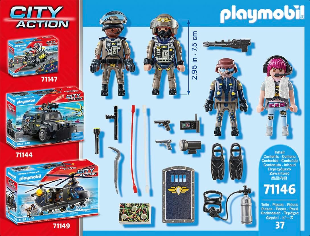 Playmobil  71146 Equipe de Polícia Tática de Ação da Cidade, incluindo mergulhadores da SWAT, uma força-tarefa e um vilão, encenação divertida e imaginativa, conjunto de brinquedos adequado para crianças de 5 anos ou mais