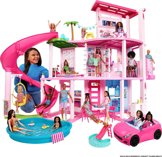 Barbie Dreamhouse, casa de muñecas para fiesta en la piscina con más de 75 piezas y tobogán de 3 pisos, juego de casa Barbie, ascensor para mascotas y áreas de juego para cachorros, HMX10