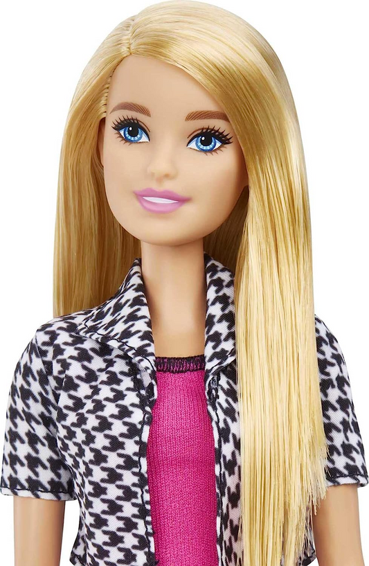 Muñeca Barbie de diseño de interiores, rubia, vestido rosa y chaqueta de pata de gallo, pierna protésica, tableta y hoja de diseño, gran regalo para niños a partir de 3 años