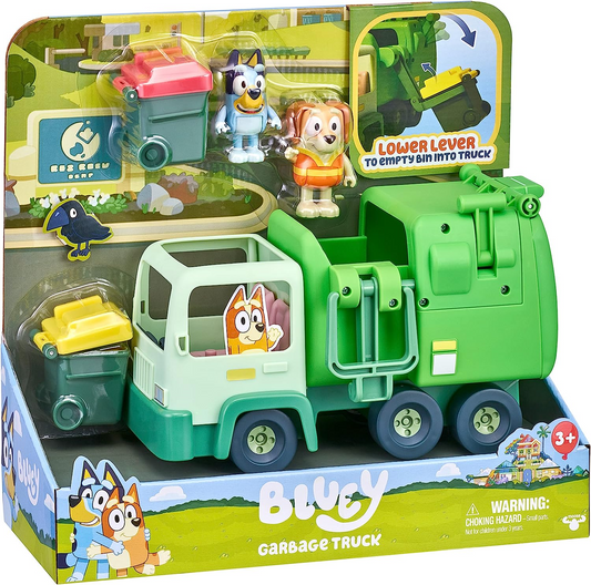 Juego de juguetes para camión de basura Bluey con dos figuras de acción de personajes coleccionables oficiales de 2,5 a 3 pulgadas, Bluey con Trash Man y 2 accesorios para contenedores de basura