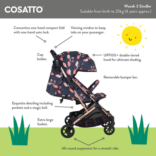 Cosatto Woosh Stroller 3 – Cochecito ligero desde el nacimiento hasta los 25 kg – Mango telescópico compacto, plegable con una sola mano, cesta de compras extra grande, portavasos y funda para lluvia (D es para Dino)