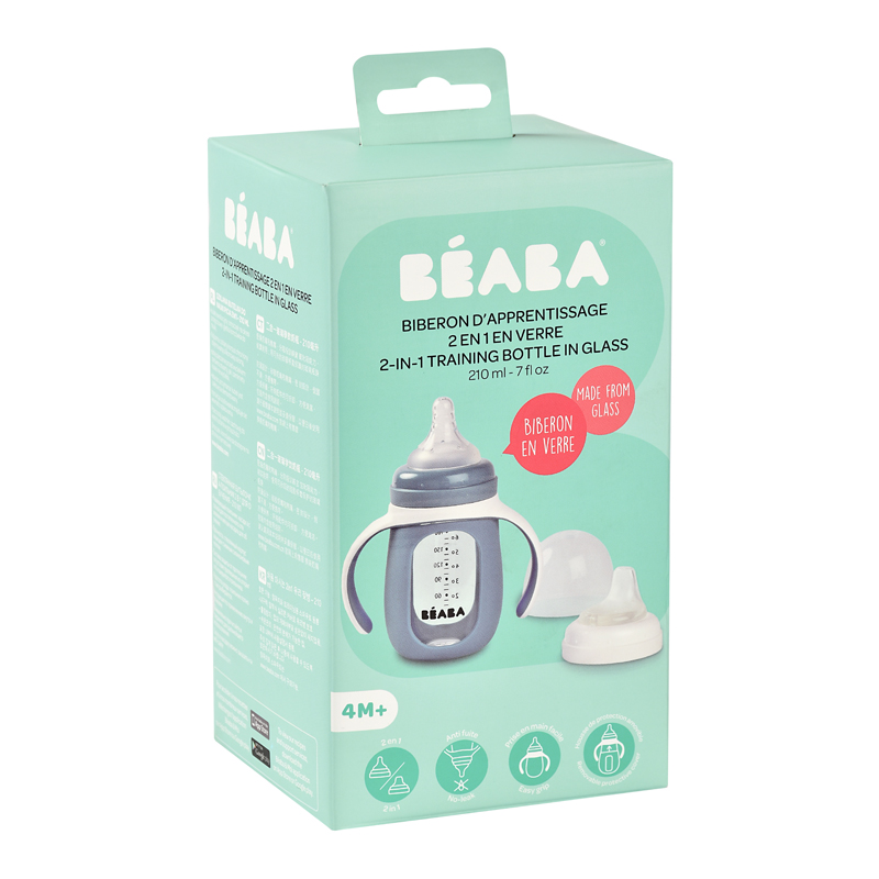Béaba Garrafa de aprendizado de vidro 2 em 1 com tampa de silicone azul 210 ml