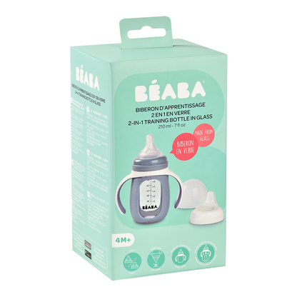 Béaba Garrafa de aprendizado de vidro 2 em 1 com tampa de silicone azul 210 ml