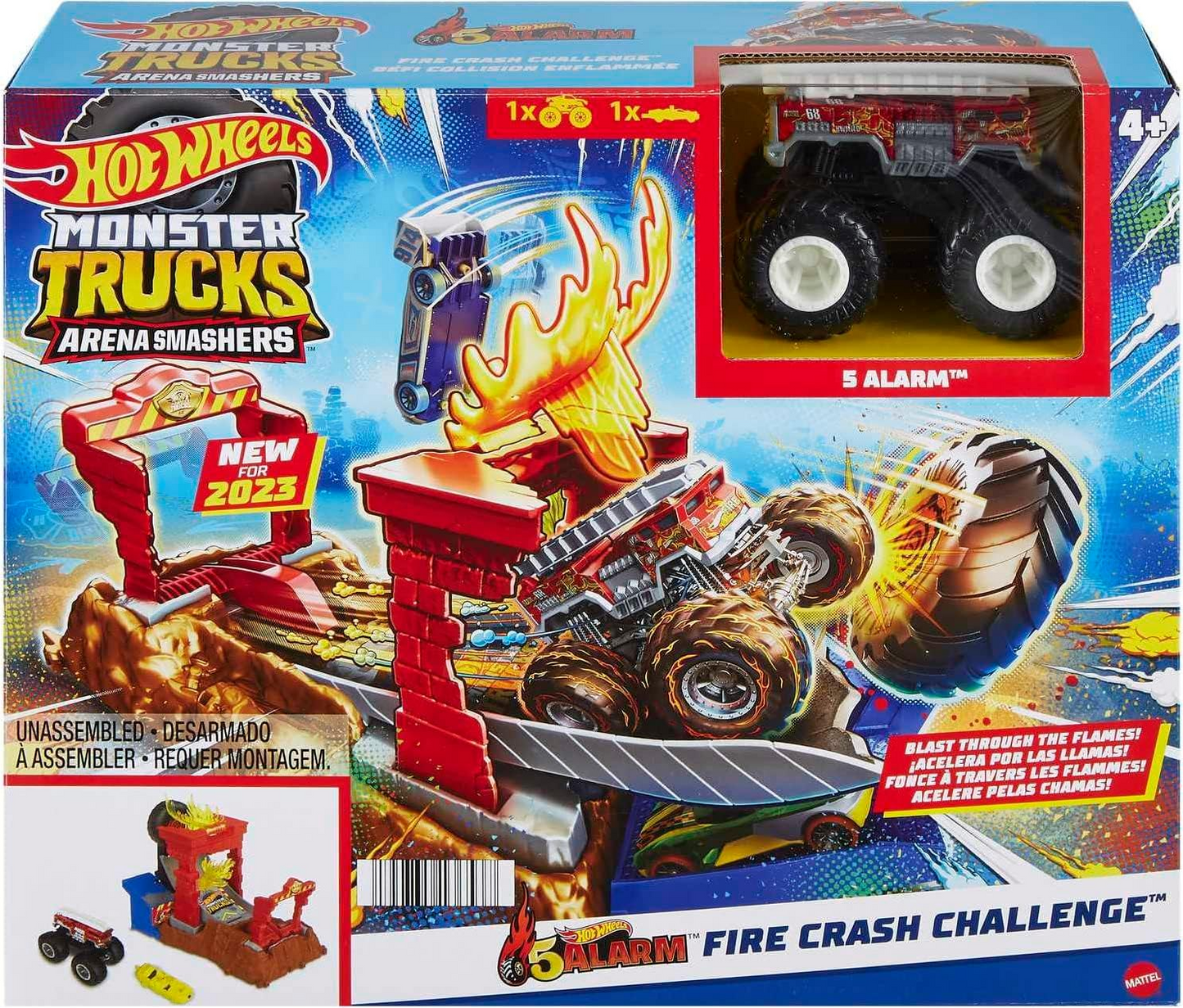 Hot Wheels Monster Trucks Arena Smashers Playset de desafio de colisão de incêndio com 5 alarmes com caminhão de brinquedo de 5 alarmes e 1 carro esmagável, HNB90