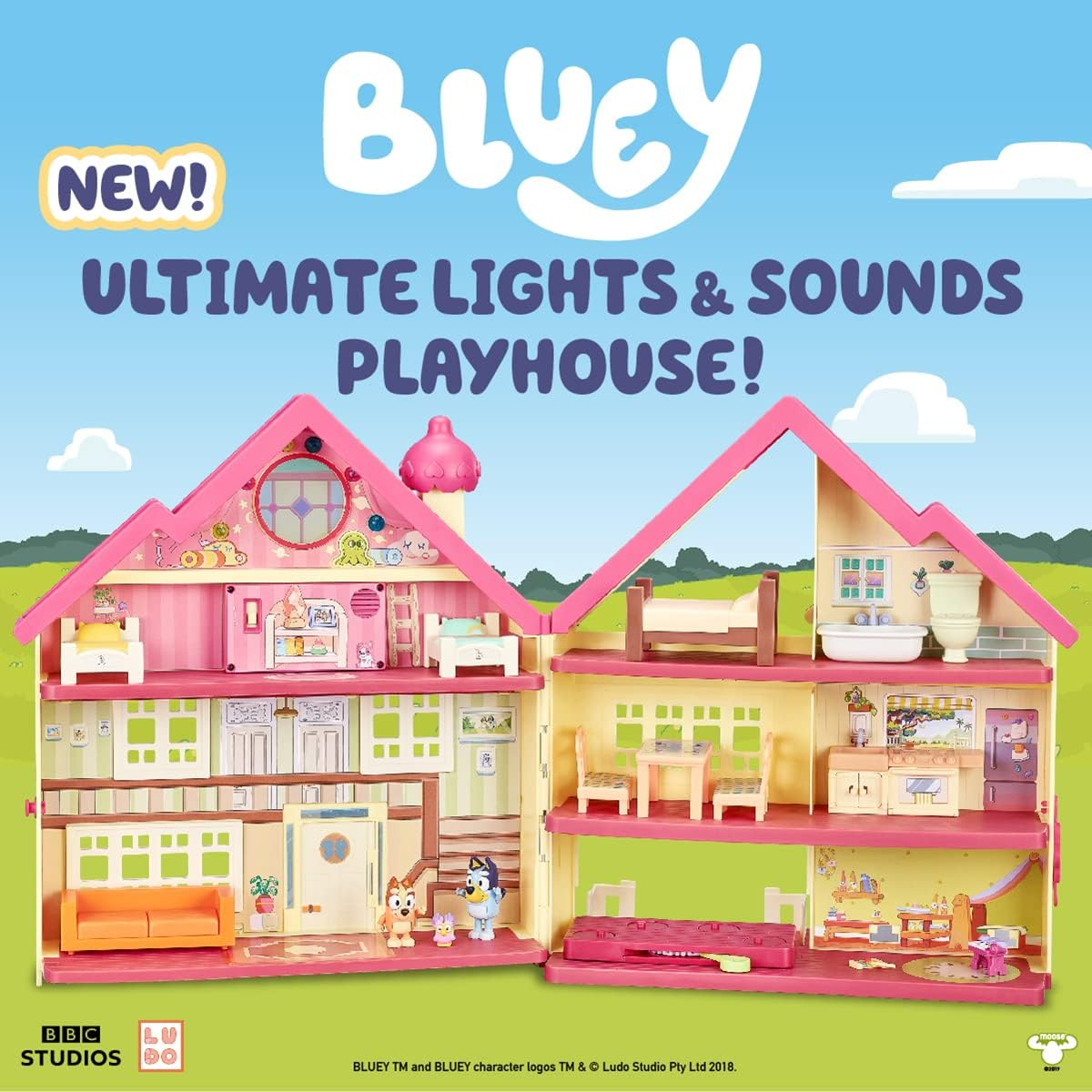 Bluey Ultimate Lights & Sounds Playhouse mobiliado, figuras e acessórios colecionáveis oficiais de 2,5 polegadas