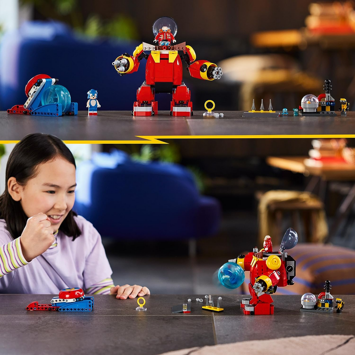 LEGO  76993 Sonic the Hedgehog Sonic vs. Eggman's Death Egg Robot Toy para crianças com Speed Sphere e Launcher do Sonic mais 6 personagens, presente para meninos e meninas