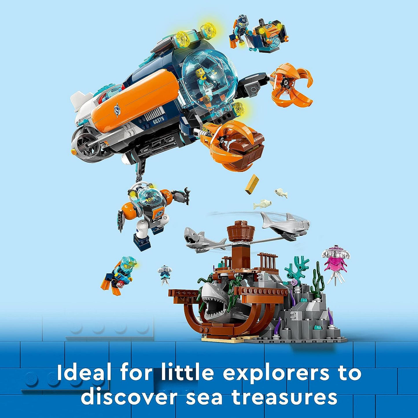 LEGO 60379 City Submarino Explorador de las Profundidades, Juguete Subacuático del Océano con Dron, Figuras de Tiburones, Minifiguras de Naufragio y Buzo, Regalo de Cumpleaños para Niños, Niños y Niñas a Partir de 7 Años