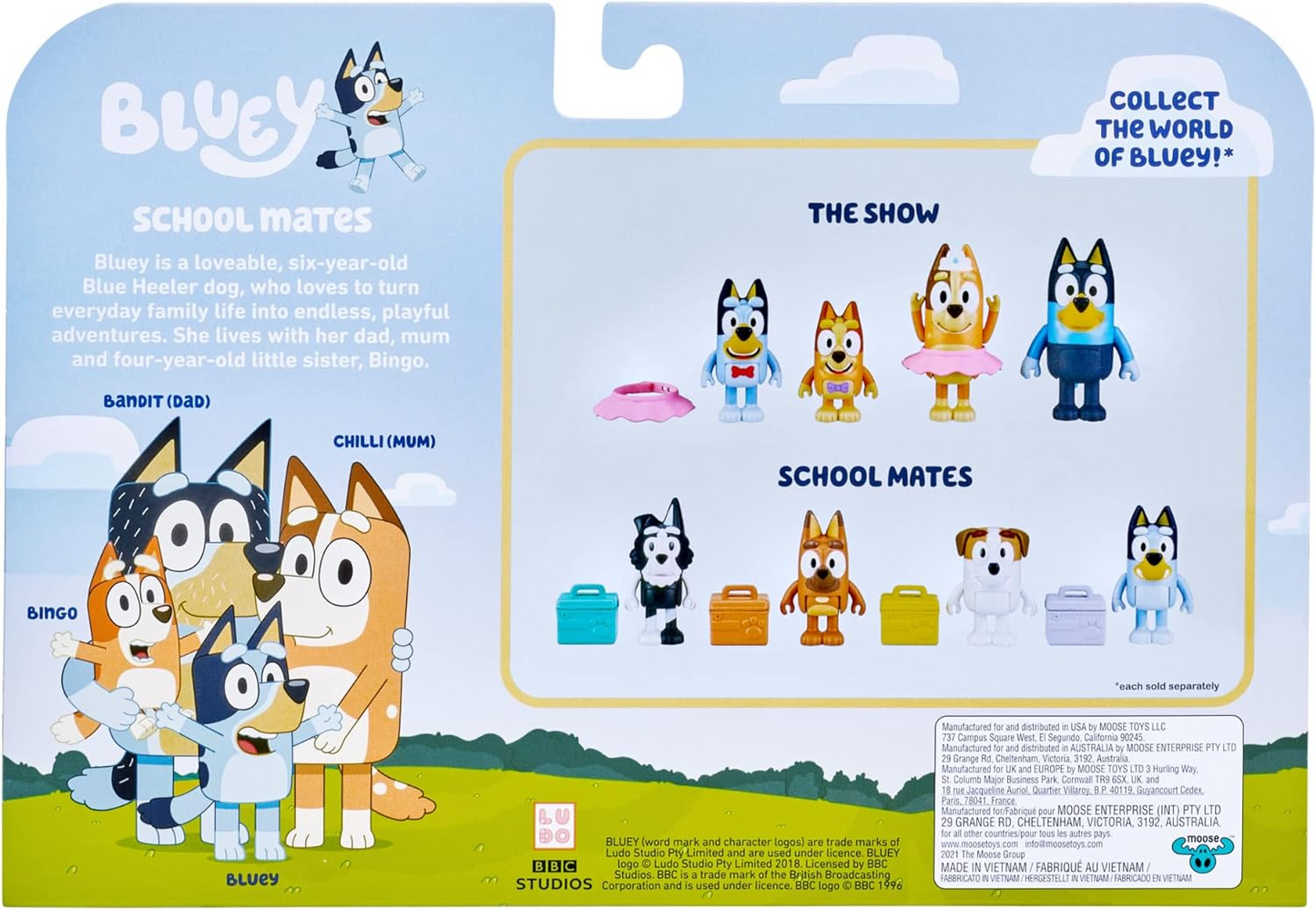 Bluey Pack de 4 compañeros de colegio; Figuras de acción coleccionables oficiales de Bluey de 2,5 a 3 pulgadas que incluyen a Jack, Pretzel y Mackenzie con sus propios accesorios para lonchera.