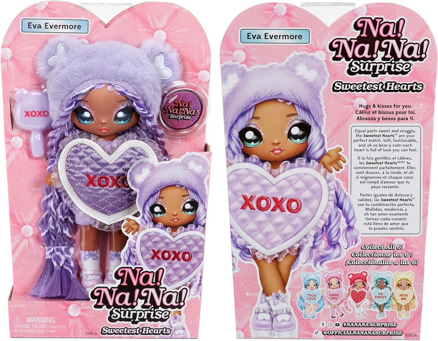 Na! Na! Na! Surprise 581314C3 Sweetest Heart Series Eva Evermore Boneca de pelúcia macia com cabelo roxo, vestido em formato de coração e escova para colecionar, ótimo presente para crianças a partir de 5 anos