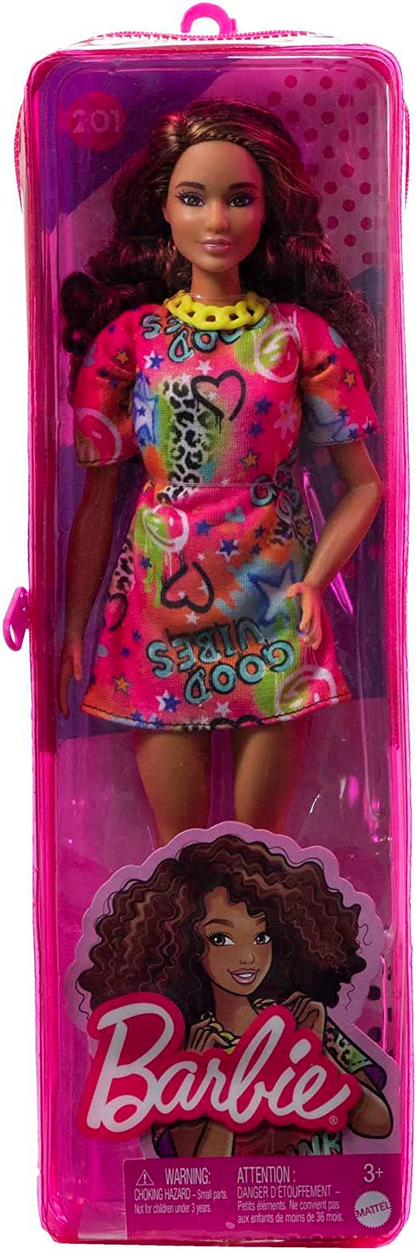 Barbie Boneca, Brinquedos infantis, Cabelos castanhos cacheados, Barbie Fashionistas, Corpo atlético, Vestido com estampa de grafite, Roupas e acessórios