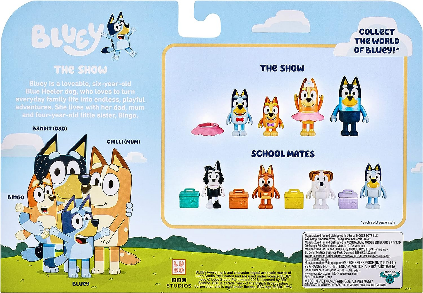 Bluey Pack de 4 compañeros de colegio; Figuras de acción coleccionables oficiales de Bluey de 2,5 a 3 pulgadas que incluyen a Jack, Pretzel y Mackenzie con sus propios accesorios para lonchera.