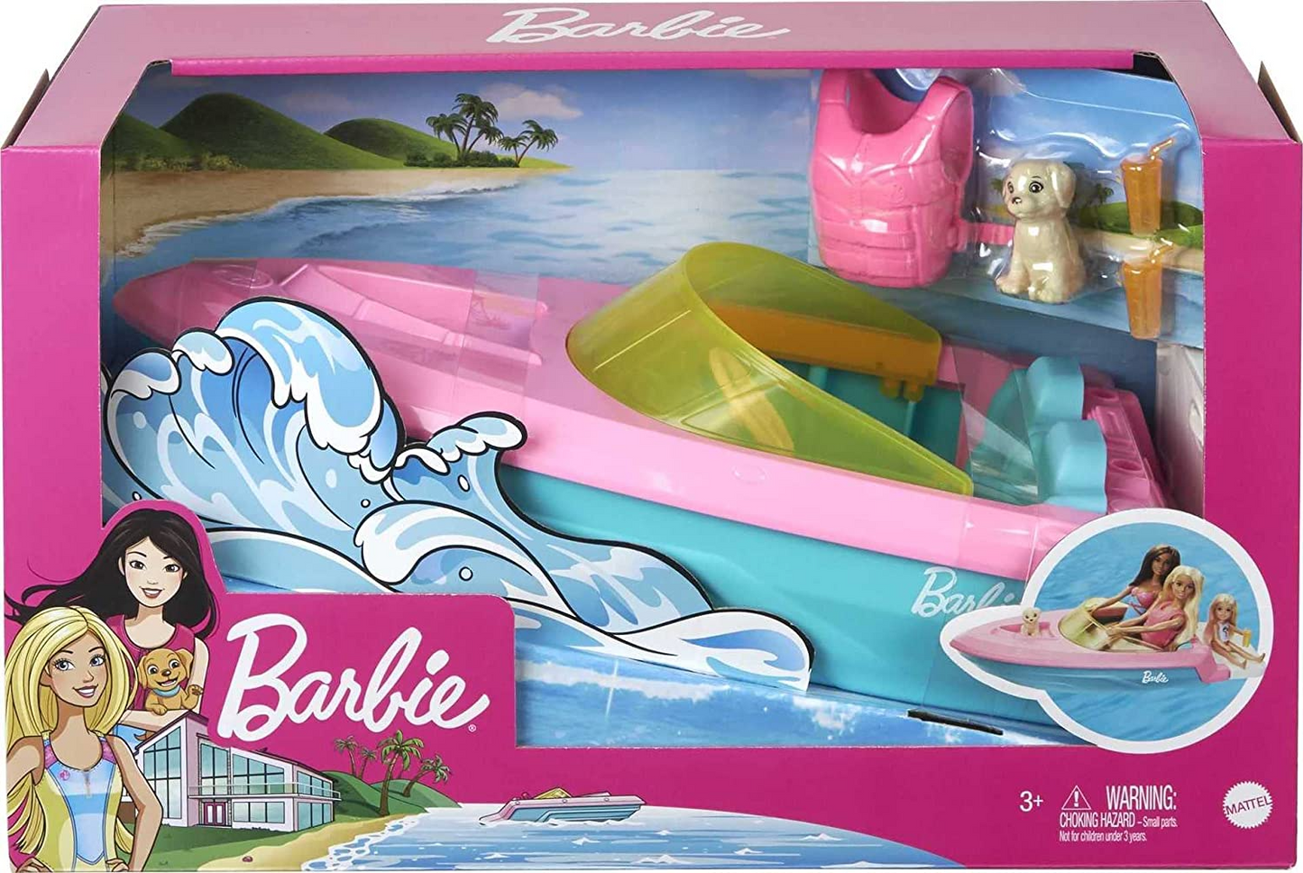 Barbie  Barco com cachorro e acessórios temáticos, cabe 3 bonecas, flutua na água, ótimo presente para crianças de 3 a 7 anos, GRG29