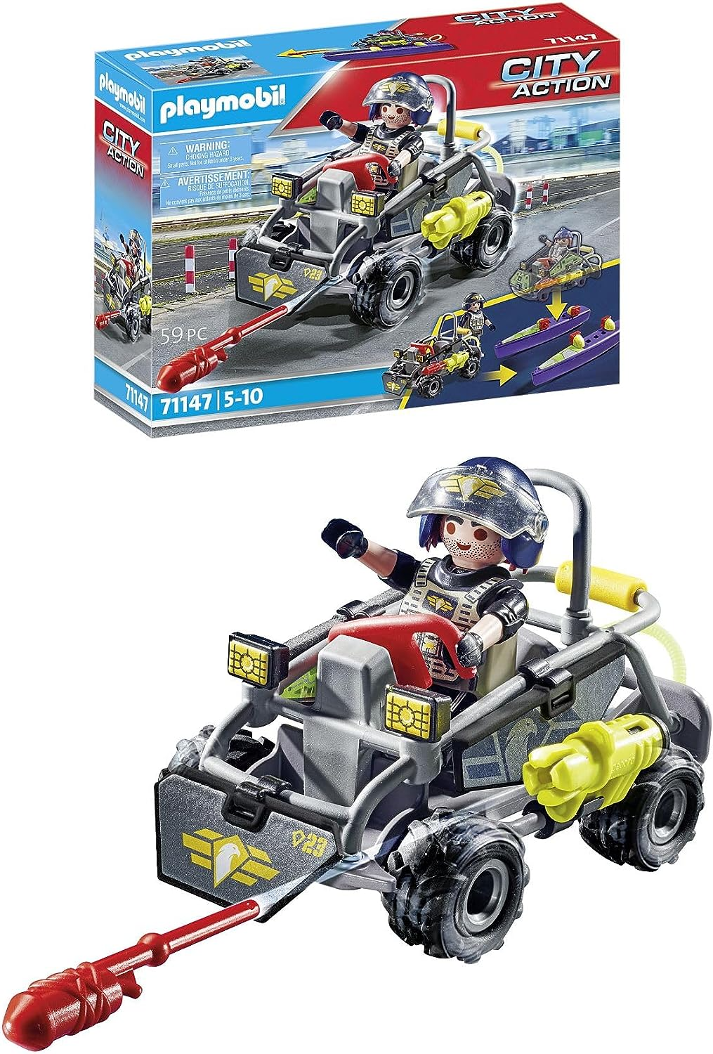 Playmobil 71147 City Action Tactical Multi-Terrain Quad, lancha SWAT conversível, encenação divertida e imaginativa, conjunto de jogos adequado para crianças de 5 anos ou mais