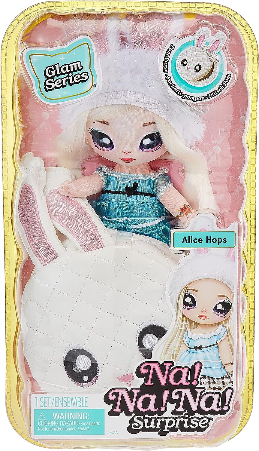 Na! Na! Na! Surprise Boneca fashion 2 em 1 e bolsa metálica série Glam - colecionável - boneca loira em vestido azul cintilante e orelhas de coelho com bolsa branca de coelho - Alice Hops