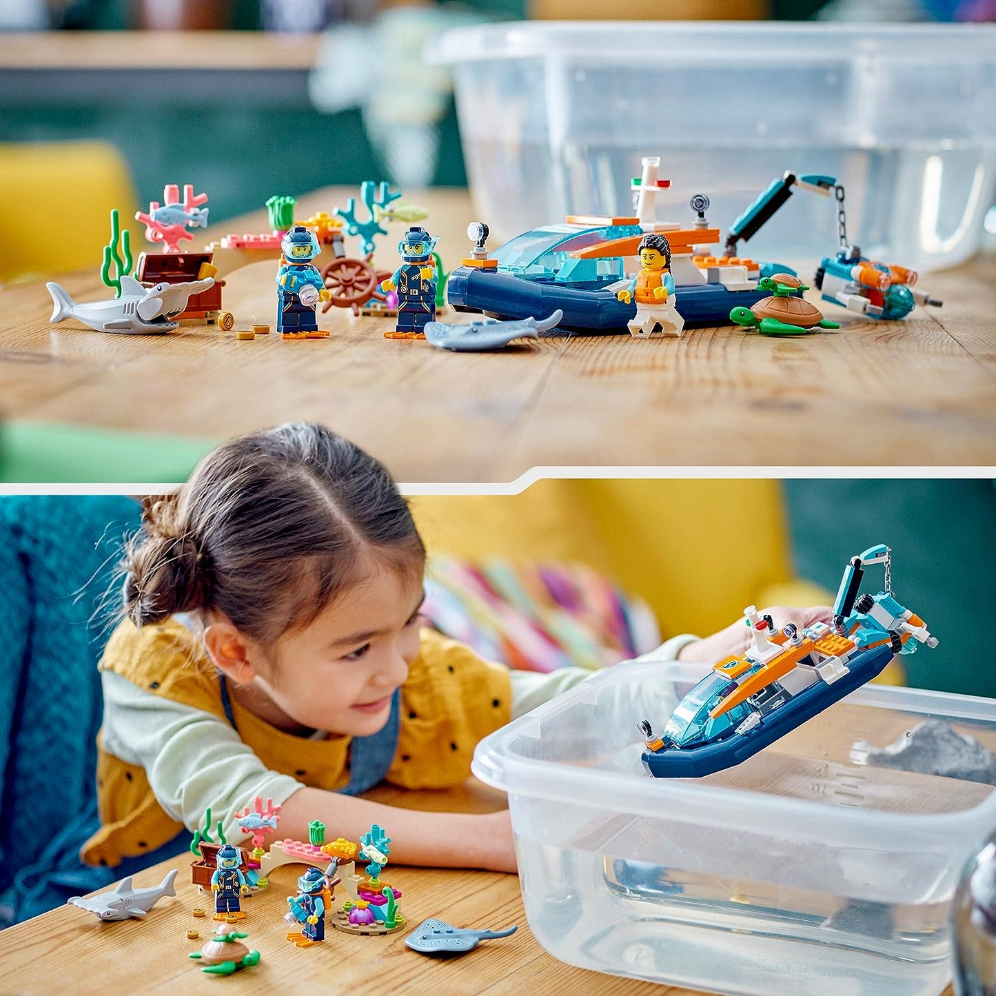 LEGO 60377 Brinquedo de Barco de Mergulho City Explorer com Mini-Submarino, Tubarão, Caranguejo, Tartaruga Arraia e Figuras de Animais Marinhos, Conjunto de Mergulho Subaquático, para Crianças de 5+